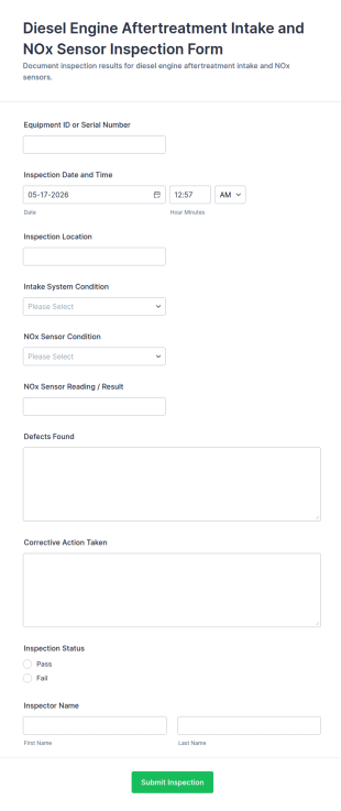 Diesel Engine Aftertreatment Intake And NOx Sensor Inspection Log Form Template