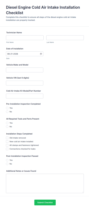 Diesel Engine Cold Air Intake Installation Checklist Form Template