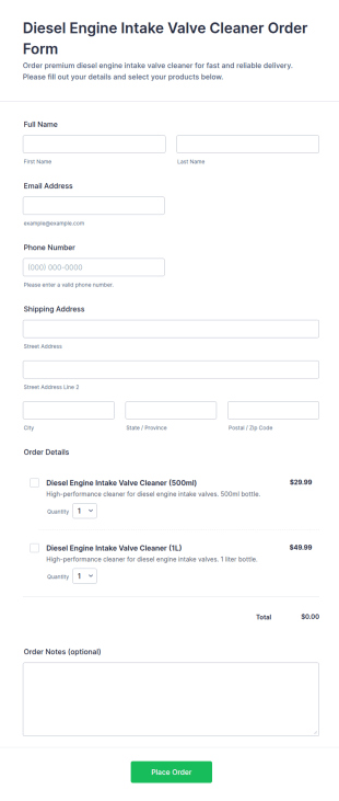 Diesel Engine Intake Valve Cleaner Order Form Template