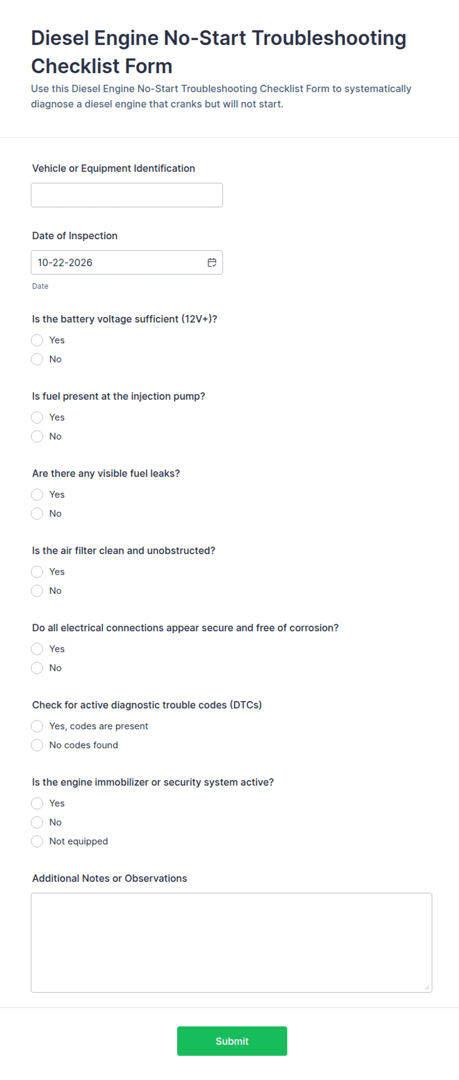 Diesel Engine No-Start Troubleshooting Checklist Form Template | Jotform