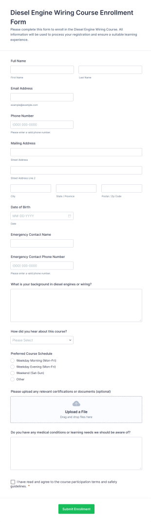 Diesel Engine Wiring Course Enrollment Form Template
