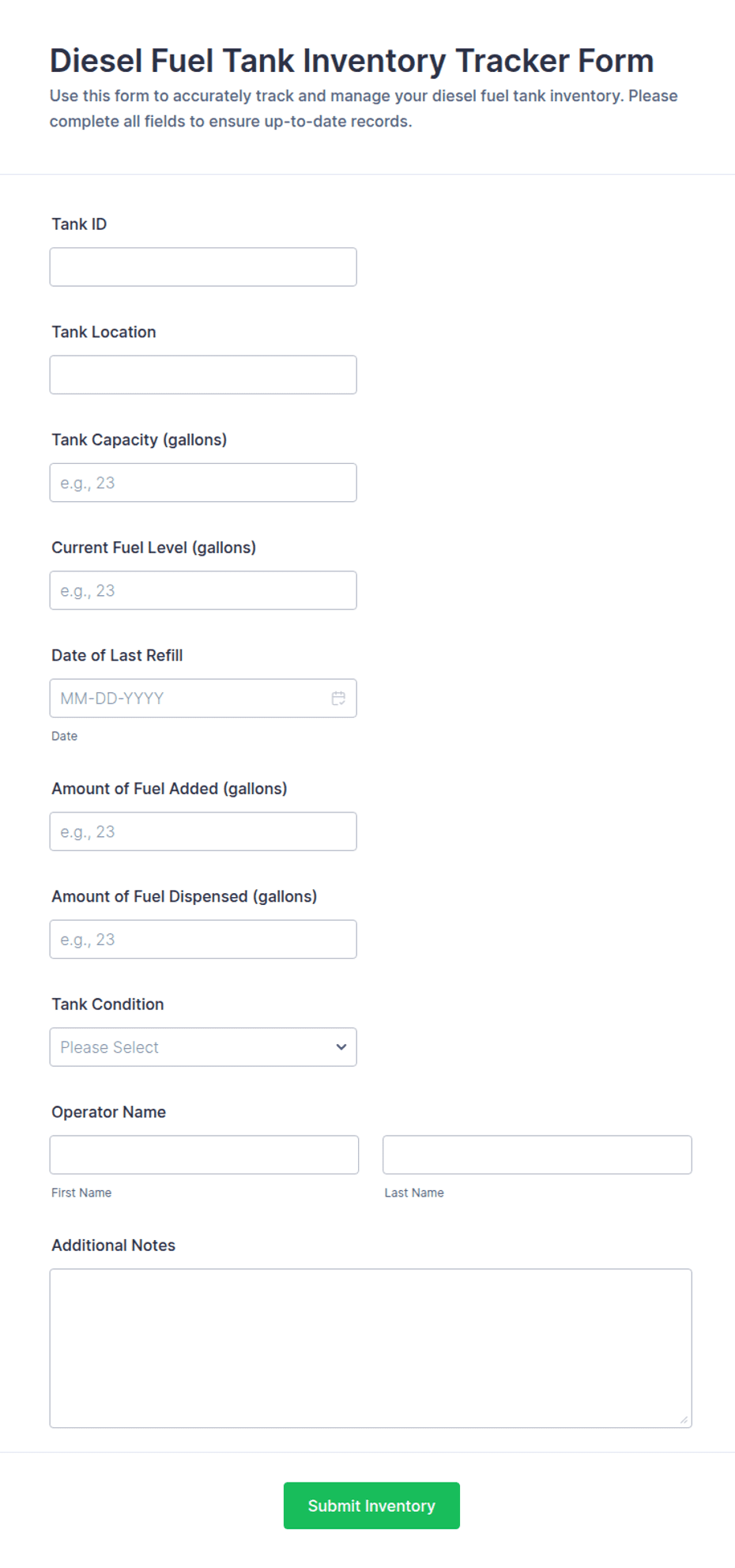 Diesel Fuel Tank Inventory Tracker Form Template | Jotform