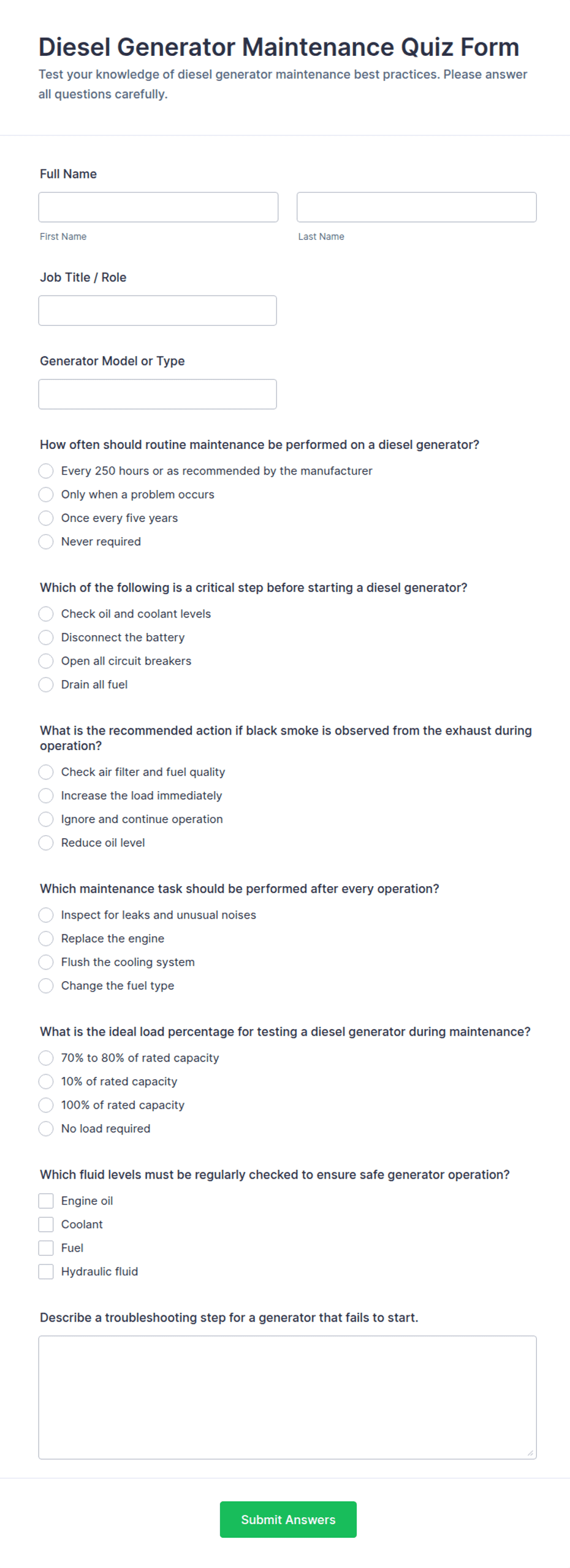 Diesel Generator Maintenance Quiz Form Template | Jotform