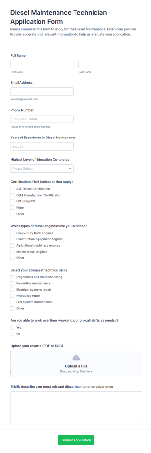 Diesel Maintenance Technician Application Form Template