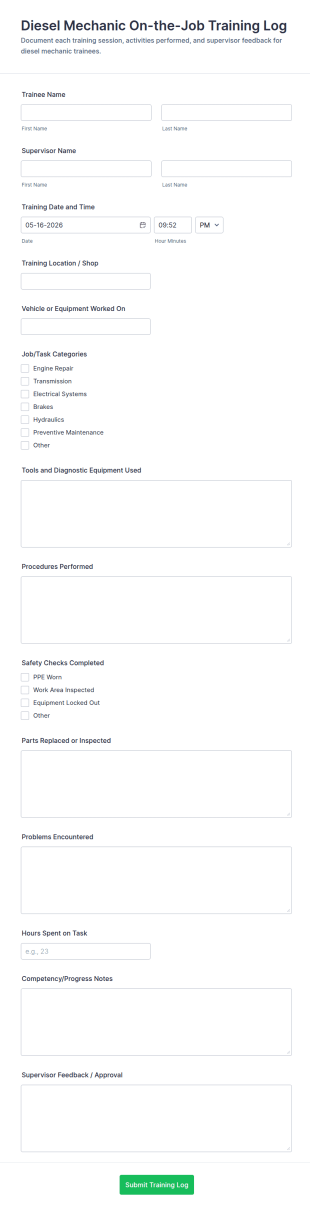 Diesel Mechanic On The Job Training Log Form Template