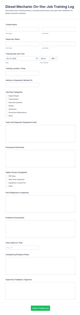 Diesel Mechanic On The Job Training Log Form Template