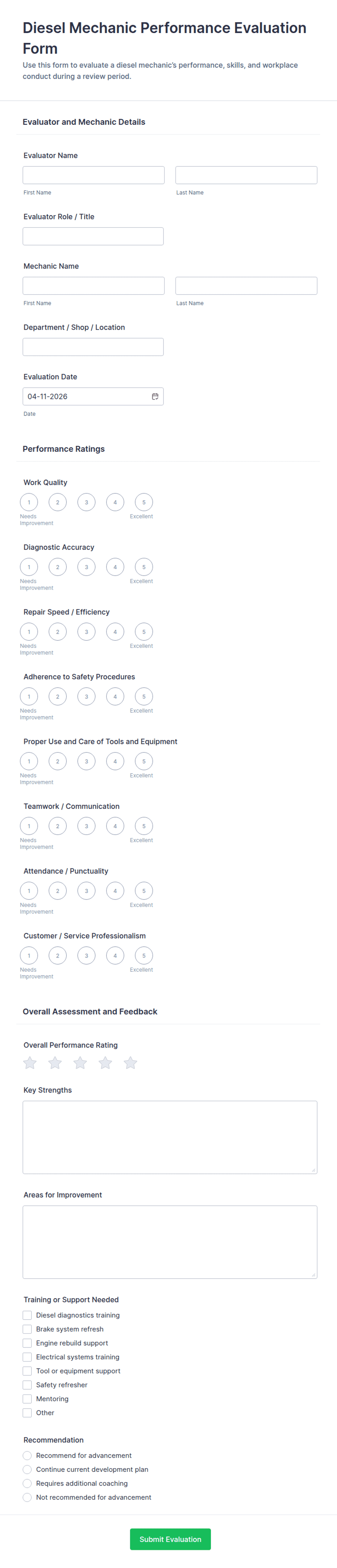 Diesel Mechanic Performance Evaluation Form Template | Jotform