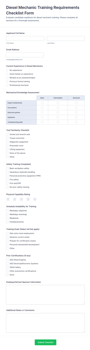 Diesel Mechanic Training Requirements Checklist Form Template