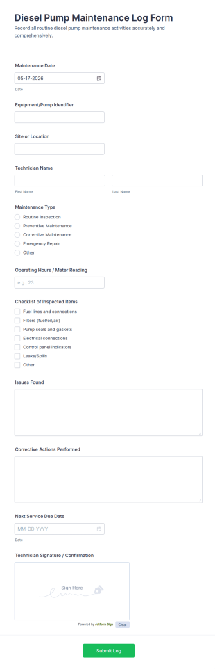Diesel Pump Maintenance Log Form Template