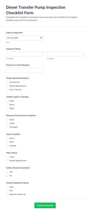 Diesel Transfer Pump Inspection Checklist Form Template