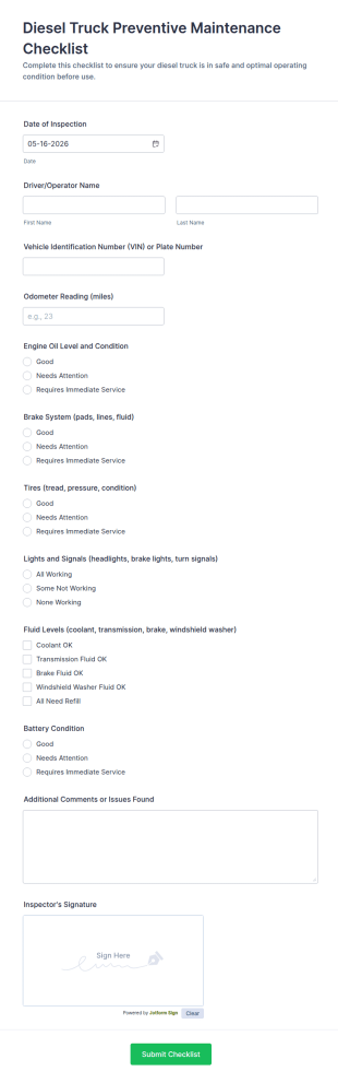 Diesel Truck Preventive Maintenance Checklist Form Template