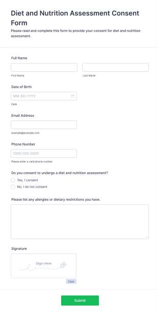 Diet And Nutrition Assessment Consent Form Template