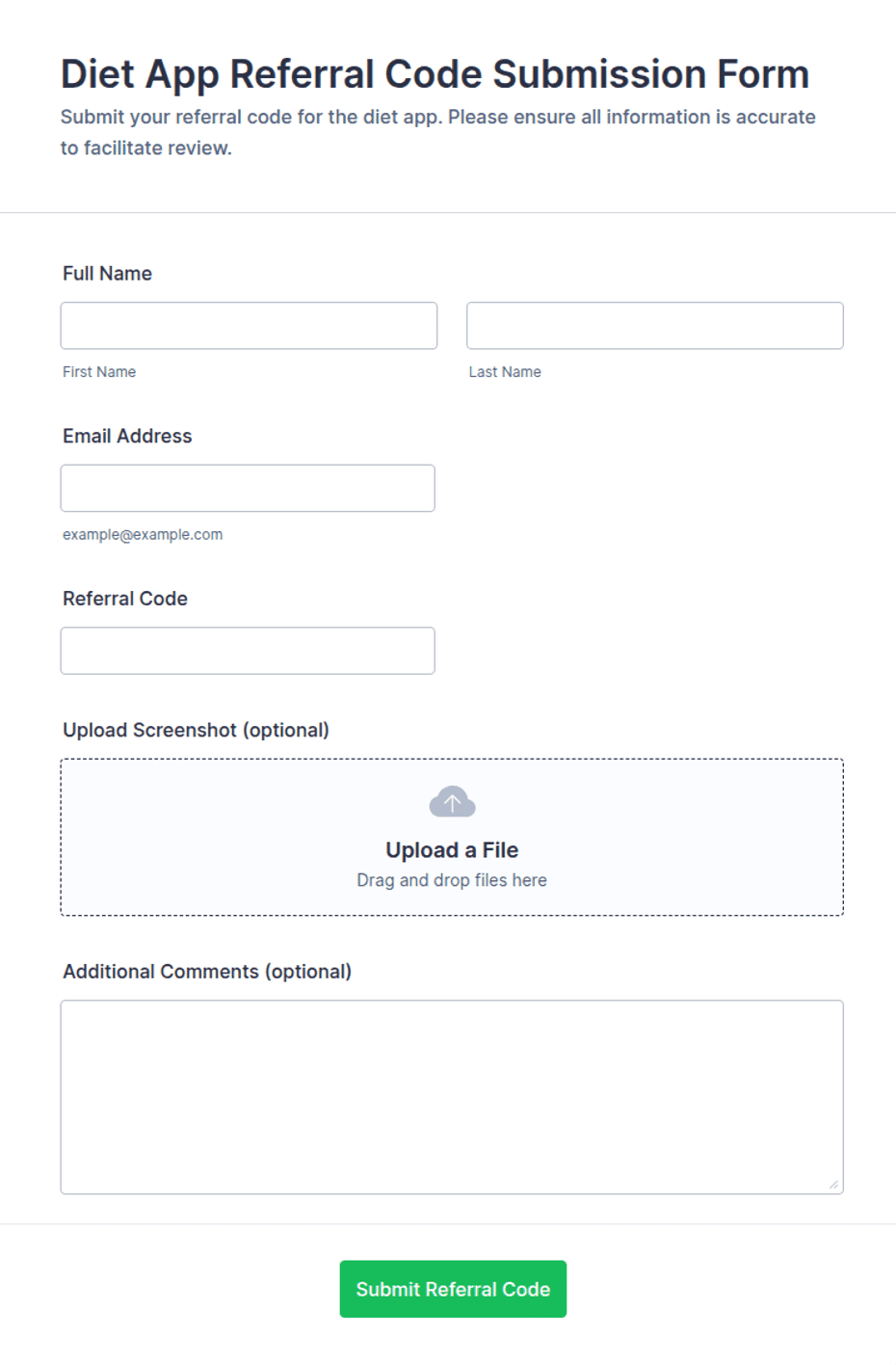 Diet App Referral Code Submission Form Template | Jotform