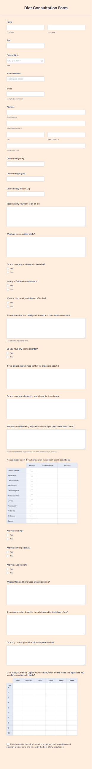 Diet Consultation Form Template