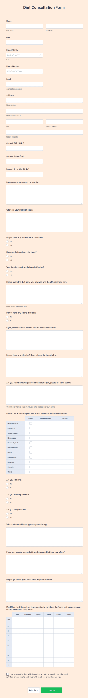 Diet Consultation Form Template