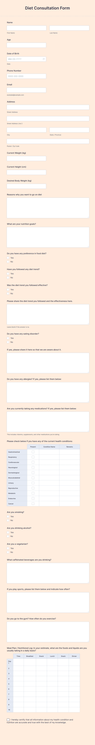 Diet Consultation Form Template