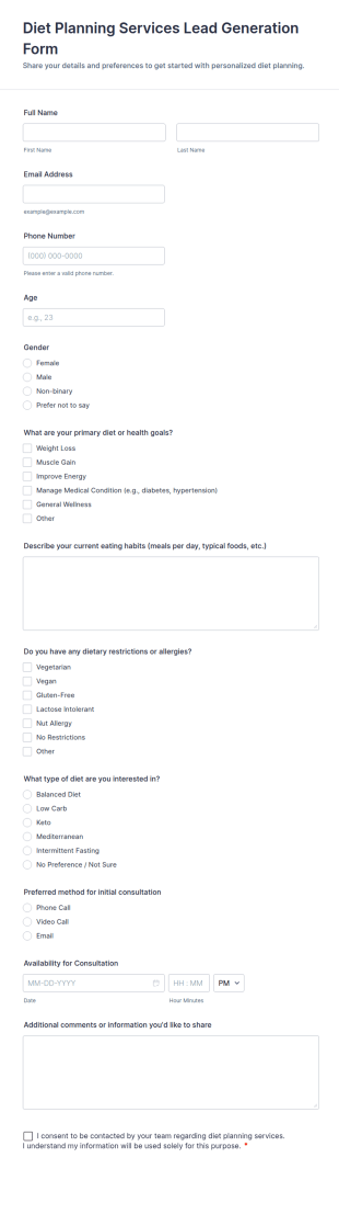 Diet Planning Services Lead Generation Form Template