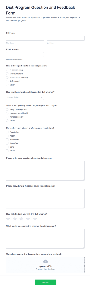 Diet Program Question And Feedback Form Template