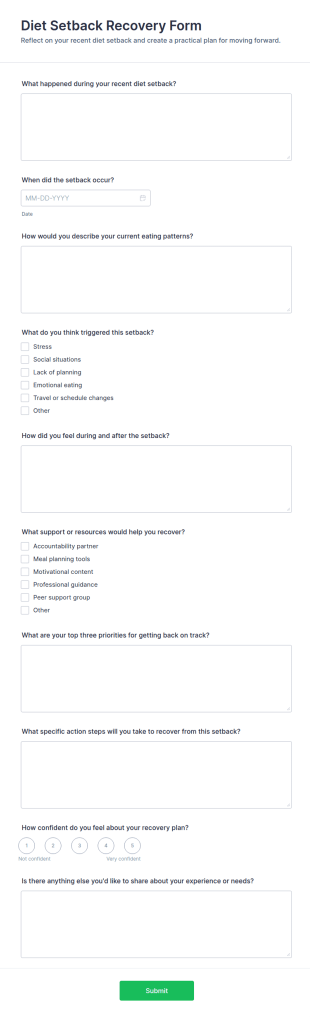 Diet Setback Recovery Form Template