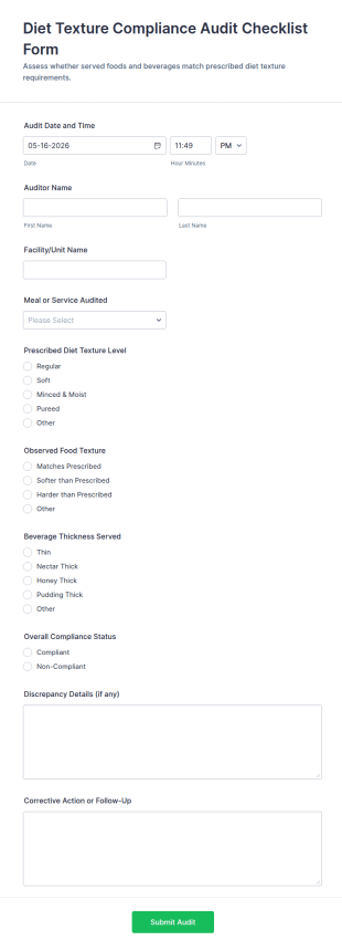 Diet Texture Compliance Audit Checklist Form Template
