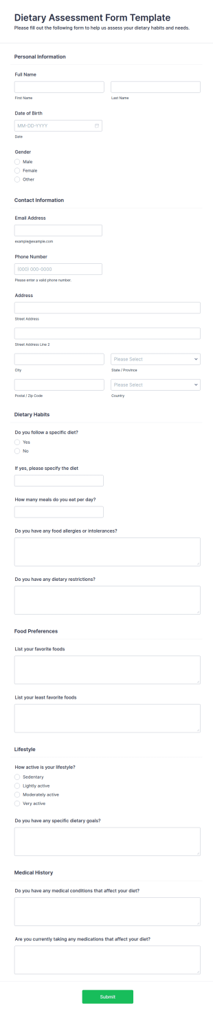 Dietary Assessment Form Template