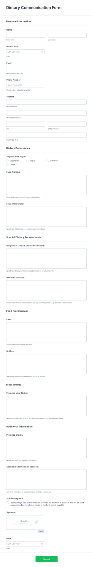 Dietary Communication Form Template