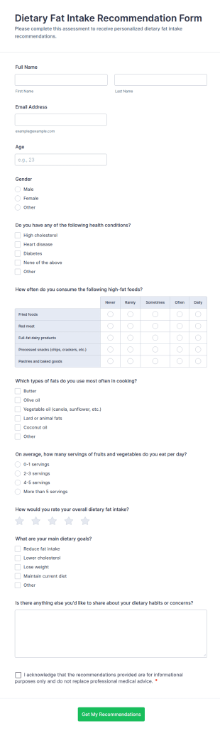 Dietary Fat Intake Recommendation Form Template