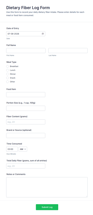 Dietary Fiber Log Form Template
