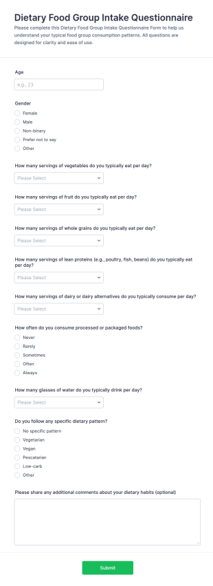 Dietary Food Group Intake Questionnaire Form Template