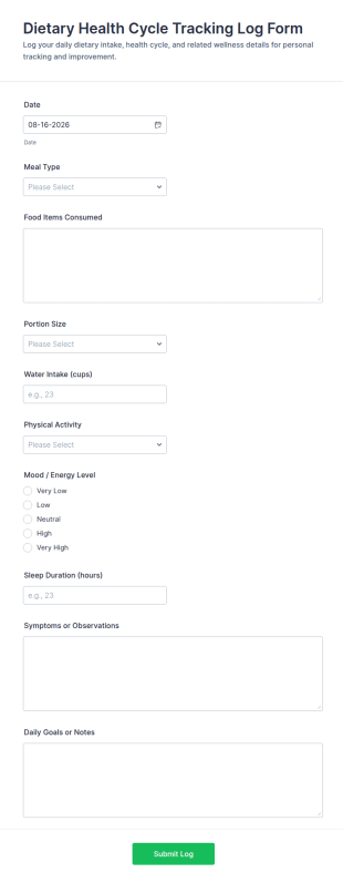 Dietary Health Cycle Tracking Log Form Template