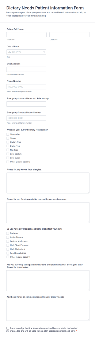 Dietary Needs Patient Information Form Template
