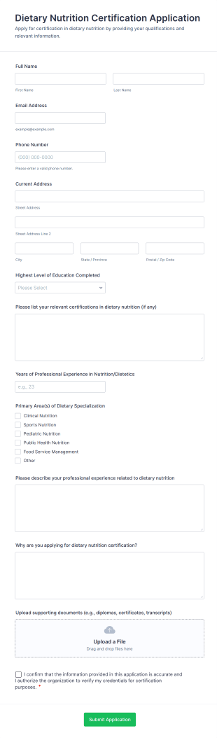 Dietary Nutrition Certification Application Form Template