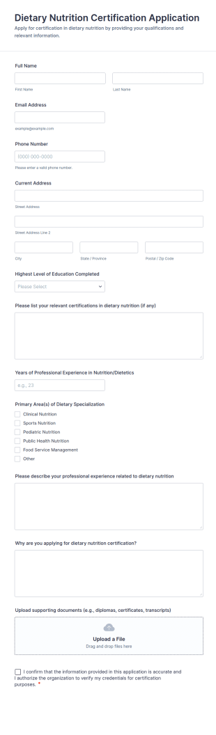 Dietary Nutrition Certification Application Form Template