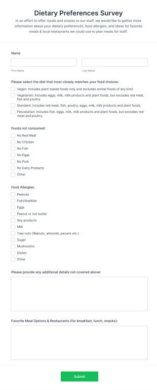 Dietary Preferences Survey Template Form Template