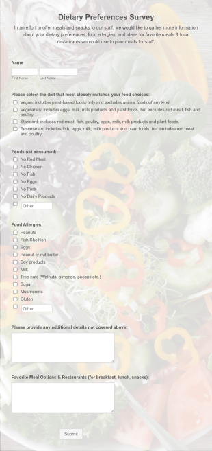 Dietary Preferences Survey Form Template