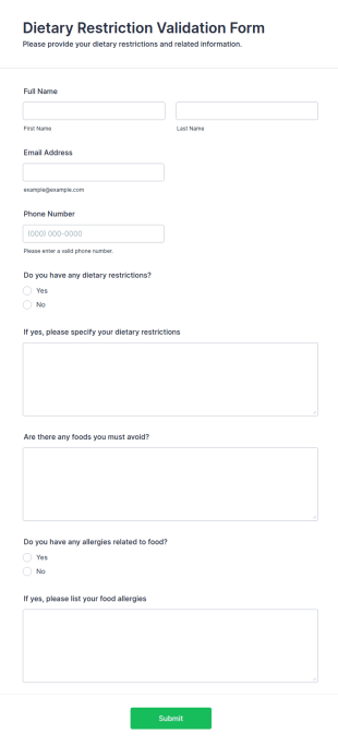 Dietary Restriction Validation Form Template