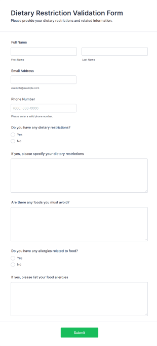 Dietary Restriction Validation Form Form Template