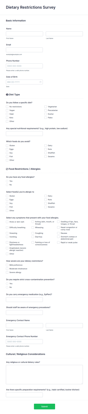 Dietary Restrictions Survey Form Template