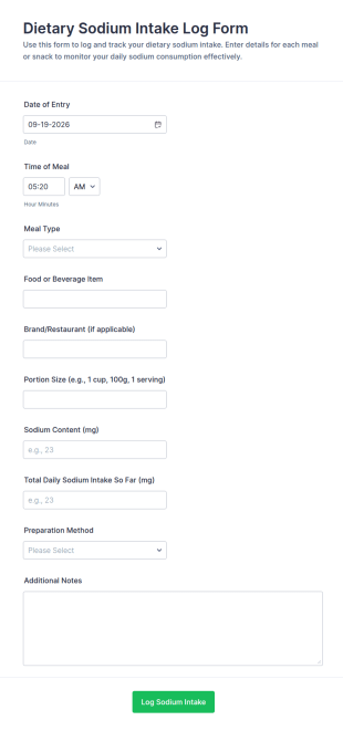Dietary Sodium Intake Log Form Template