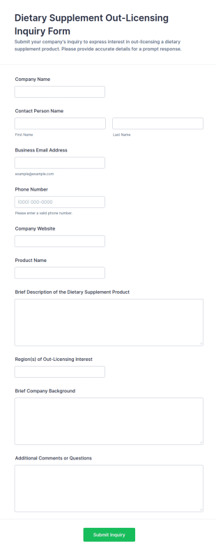 Dietary Supplement Out Licensing Inquiry Form Template