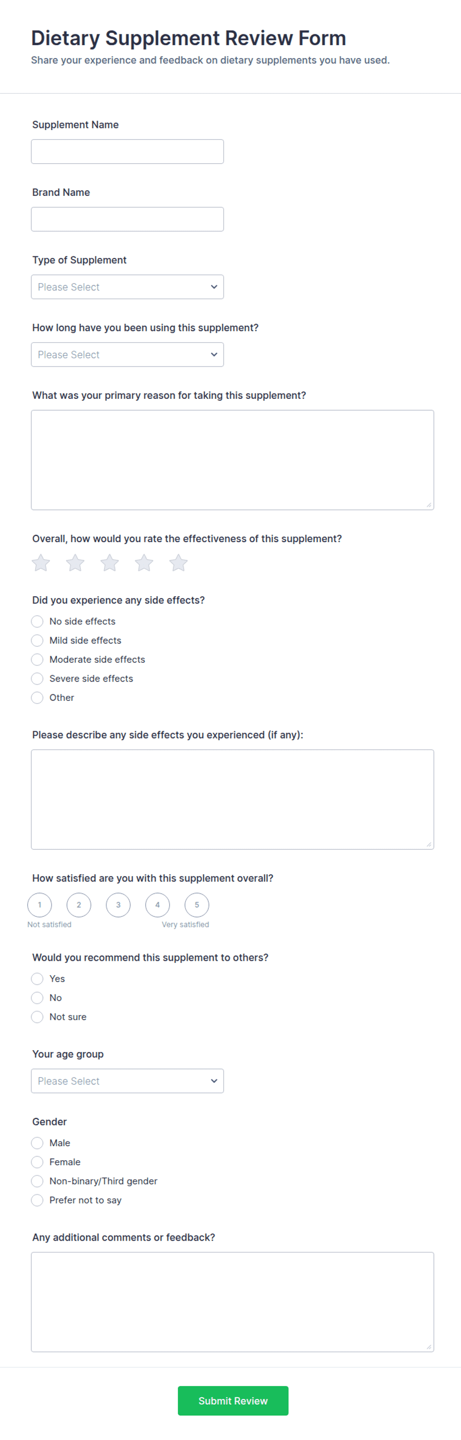 Dietary Supplement Review Form Template | Jotform