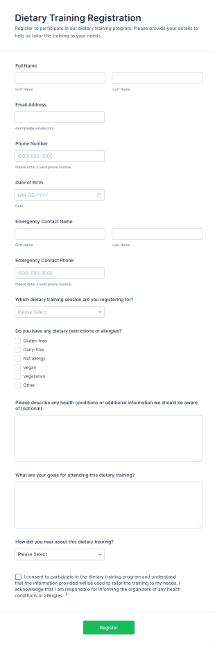 Dietary Training Registration Form Template