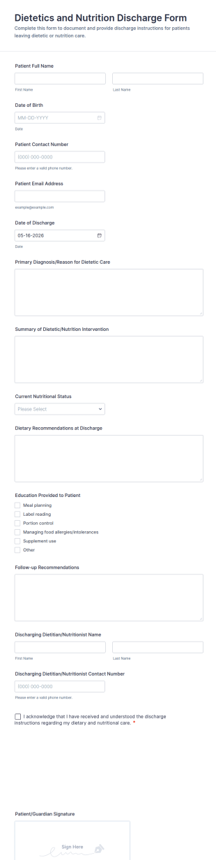 Dietetics And Nutrition Discharge Form Template