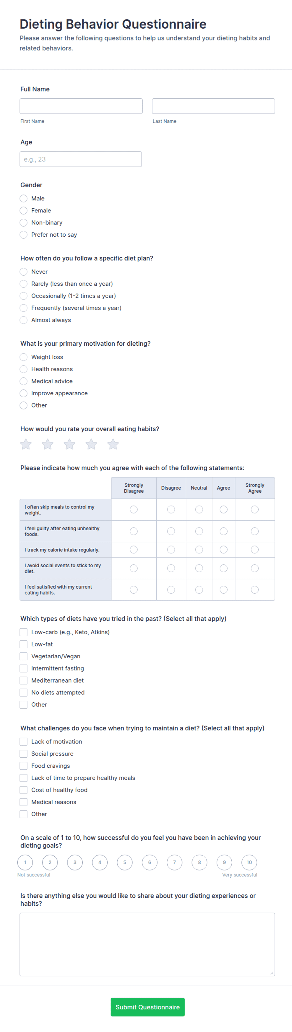 Dieting Behavior Questionnaire Form Template | Jotform