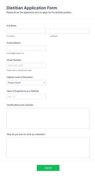 Dietitian Application Form Form Template
