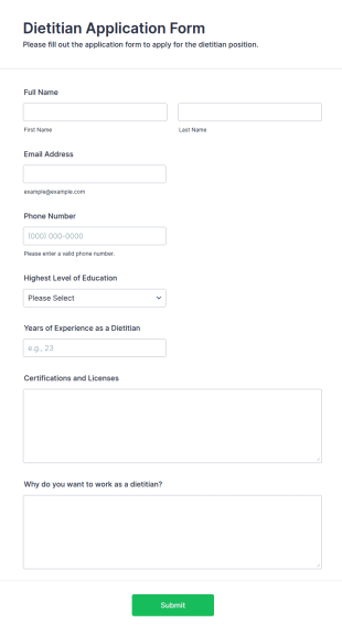 Dietitian Application Form Template