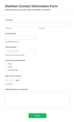 Dietitian Contact Information Form Template