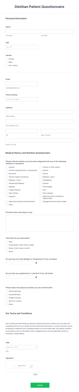 Dietitian Patient Questionnaire Form Template