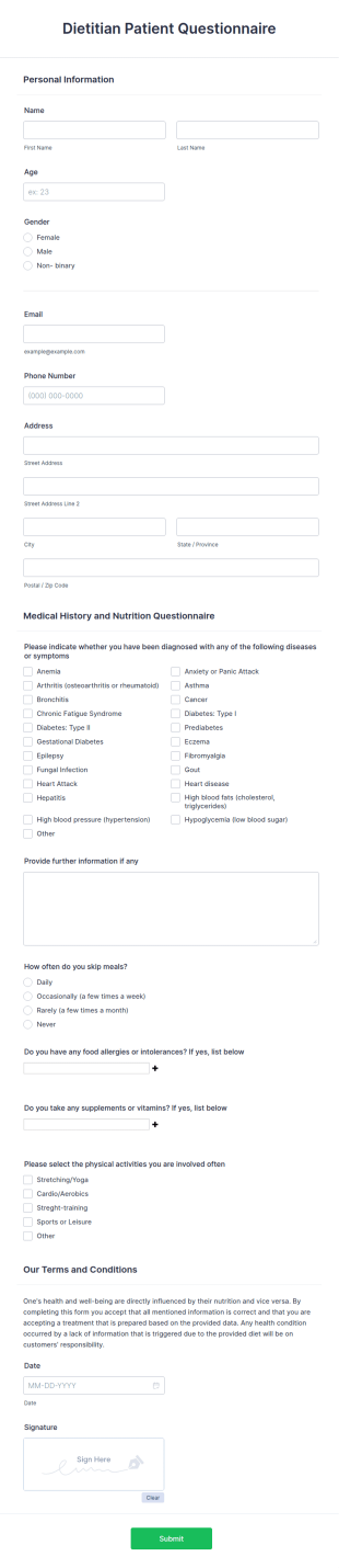 Dietitian Patient Questionnaire Form Template