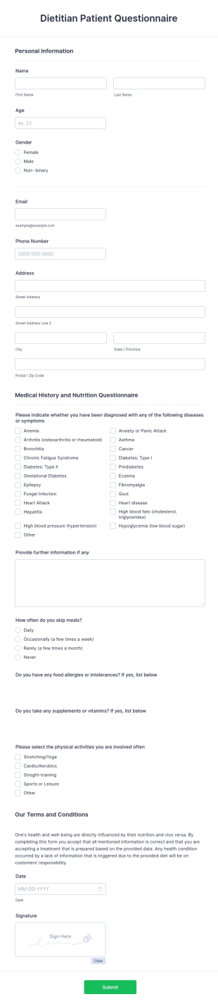 Dietitian Patient Questionnaire Form Template
